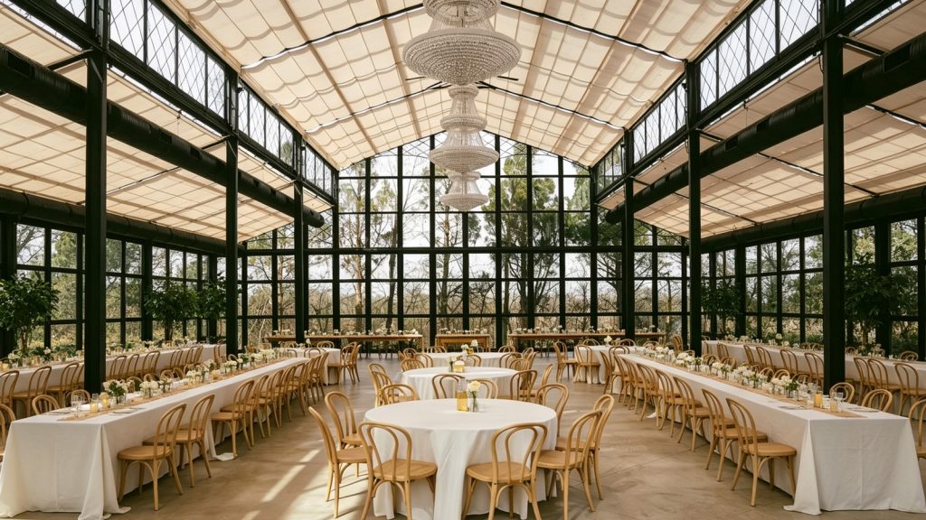 Full view large commercial conservatory sunroom，black steel glass structure fabric ceiling for wedding banquet venue